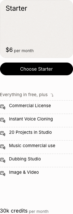 ElevenLabs Starter monthly plan showing $6, commercial license, instant voice cloning and 30k monthly credits