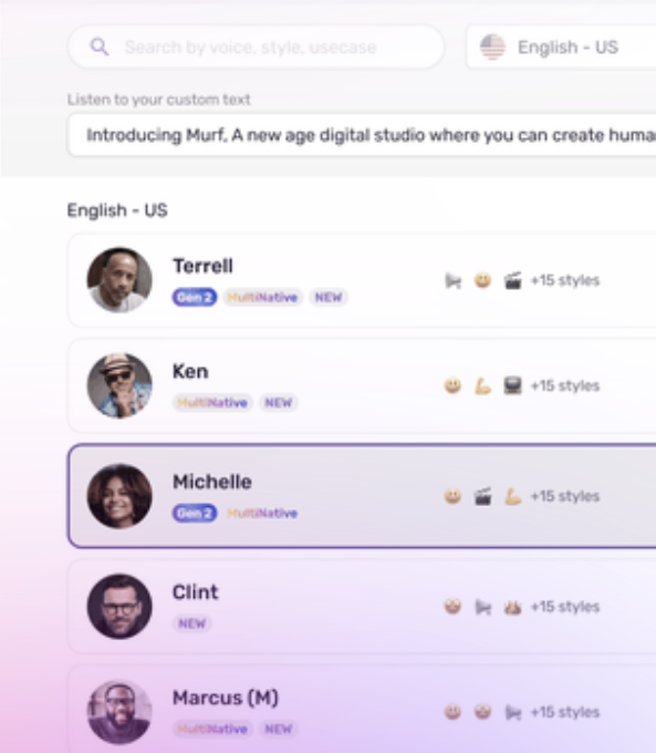 Murf official Studio preview with voice search, US English language selection and voice styles