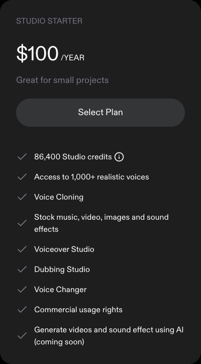 Speechify Studio Starter annual plan showing $100 per year, 86,400 credits and commercial usage rights
